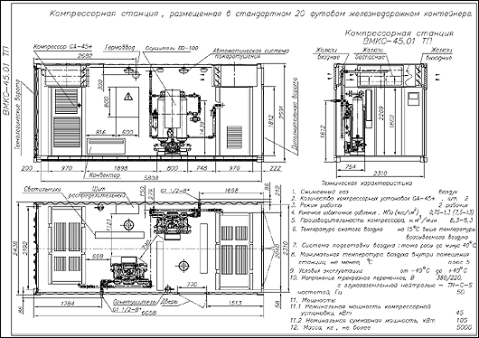 Компрессорная станция ВМКС-45.01 ТП, размещенная в стандартном 20-футовом железнодорожном контейнере.